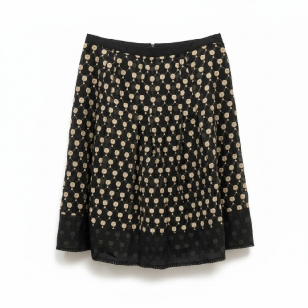 ANN TAYLOR Silk‎ Midi Skirt Black With Gold Dots Zipper Entry Sz 10 Fully Lined
